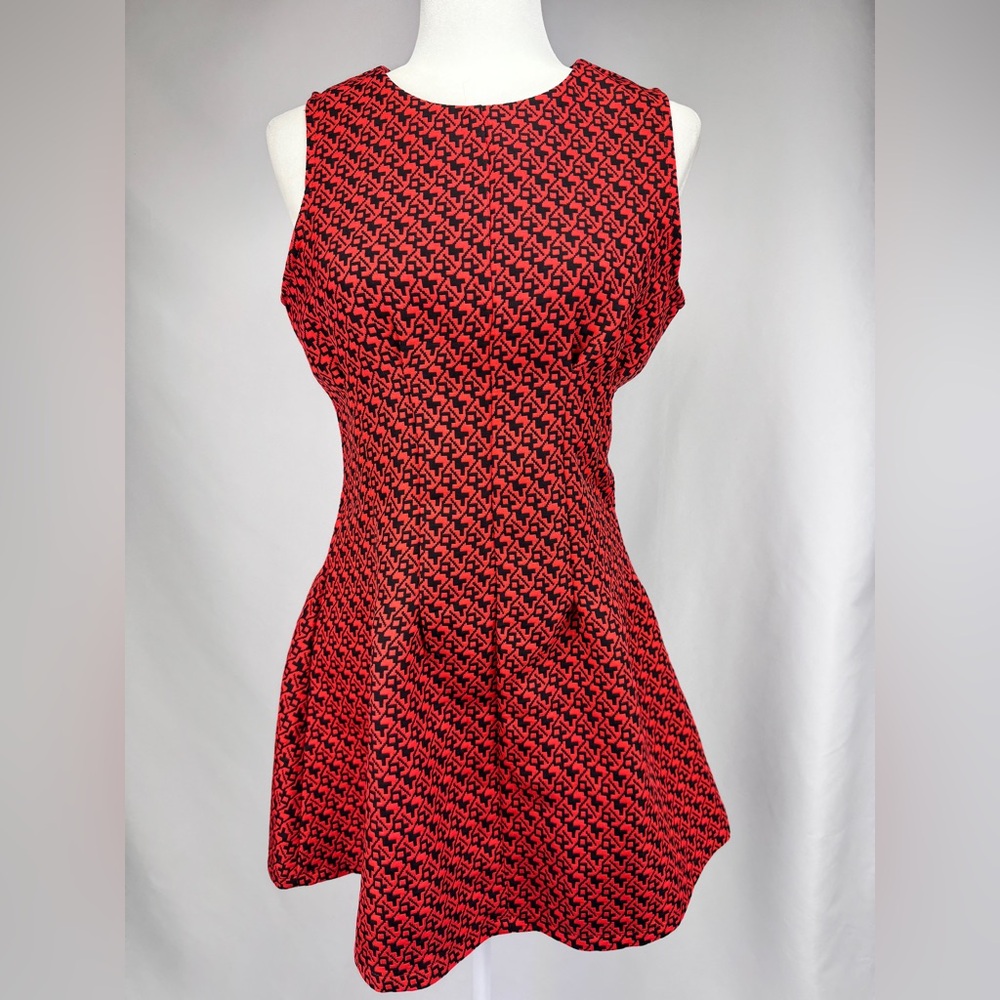 Sans Souci Red Black Geometric Sleeveless Fit & Flare Dress Size M